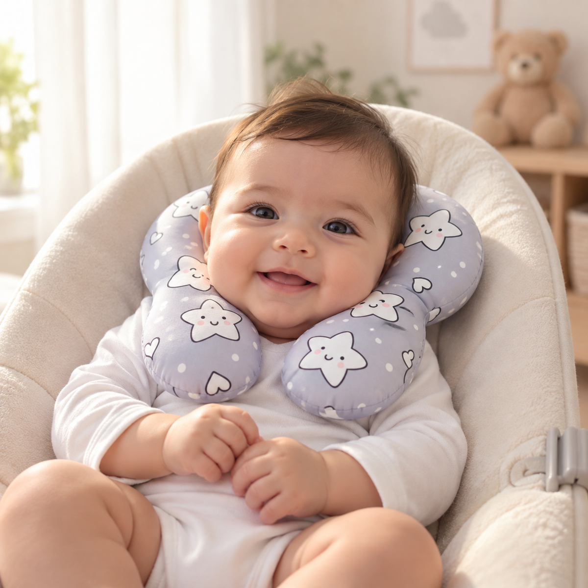 Child wearing a soft travel neck pillow