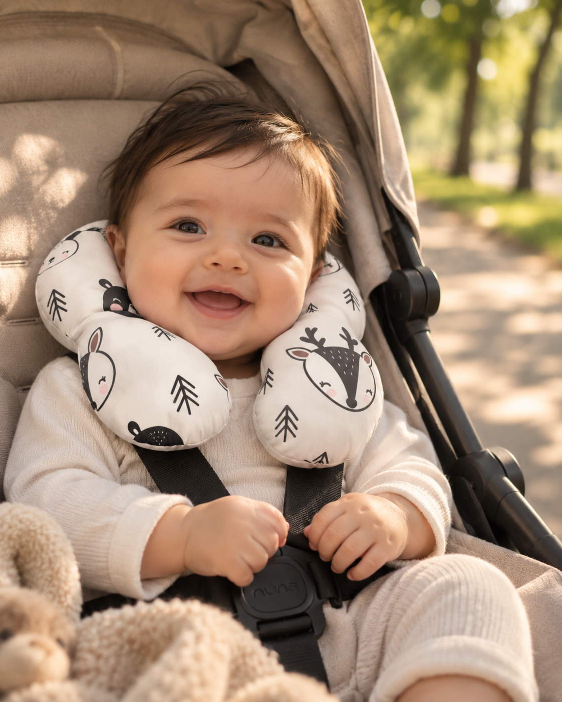 Little Heads pillow in a bouncer