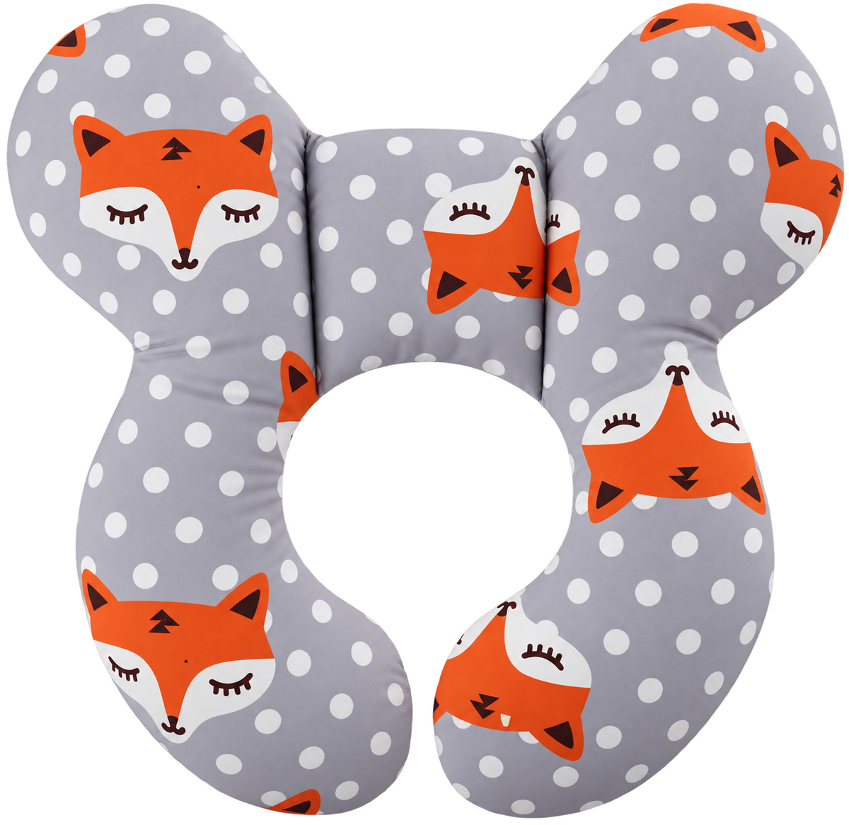 Kids travel neck pillow in Grey Fox grey polka dot print with orange foxes by Little Heads