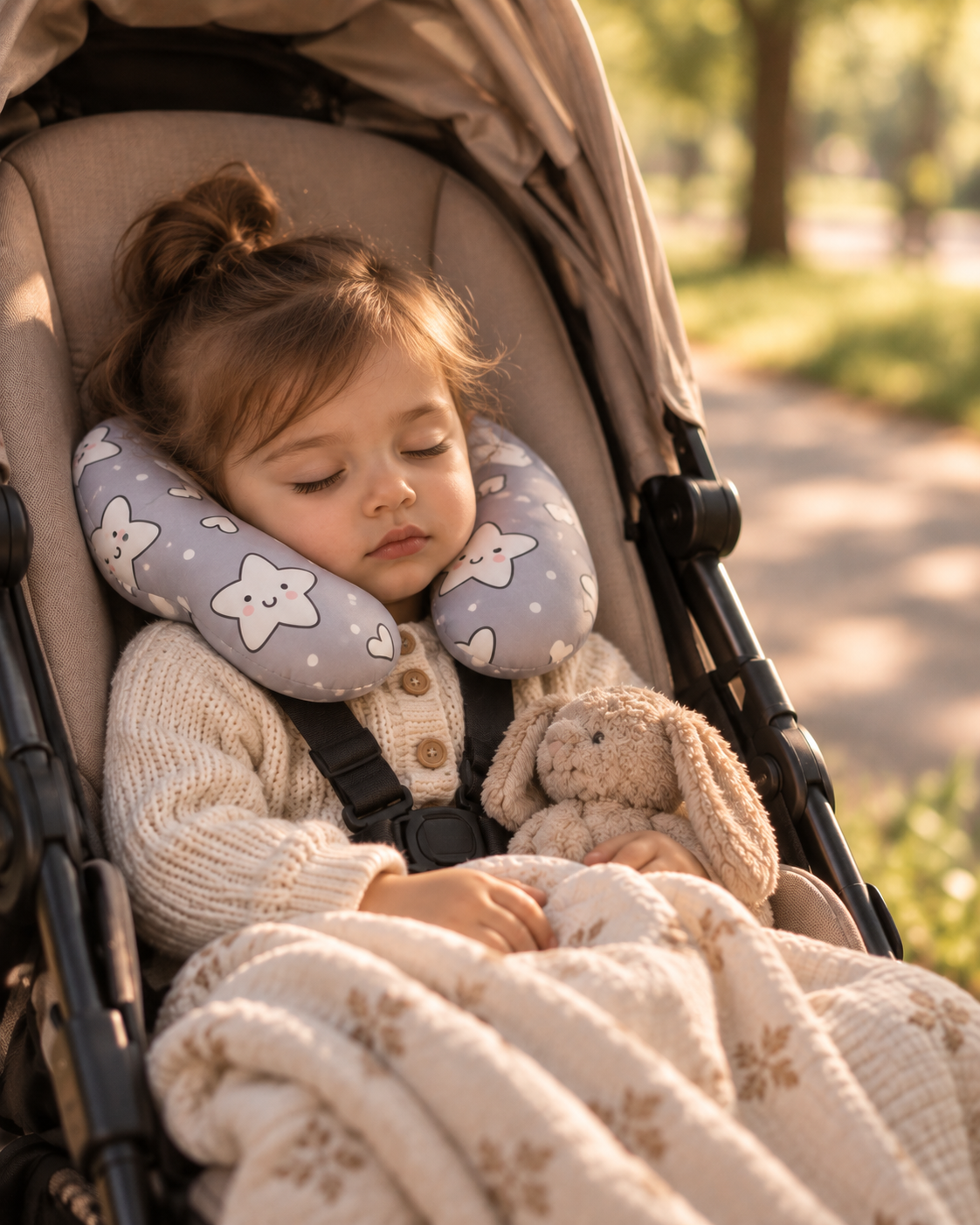 Child resting comfortably with a neck pillow